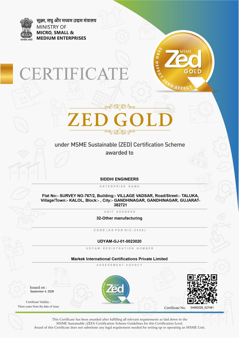 ZED Gold Certificate - Valid until 3 September 2029